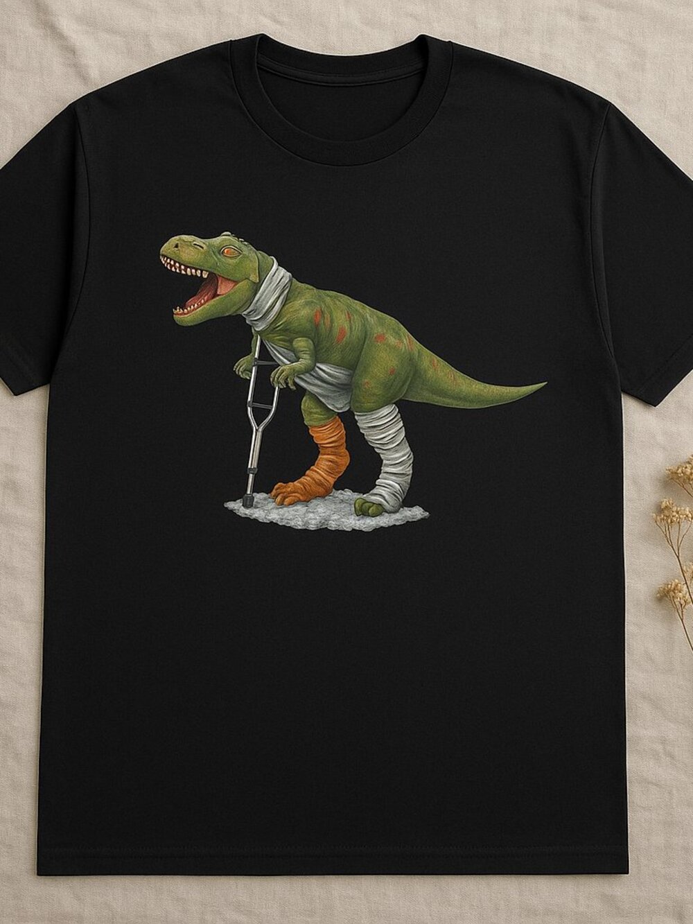 Injured T-Rex Graphic Tee | Funny Dinosaur Crutches Black T-Shirt